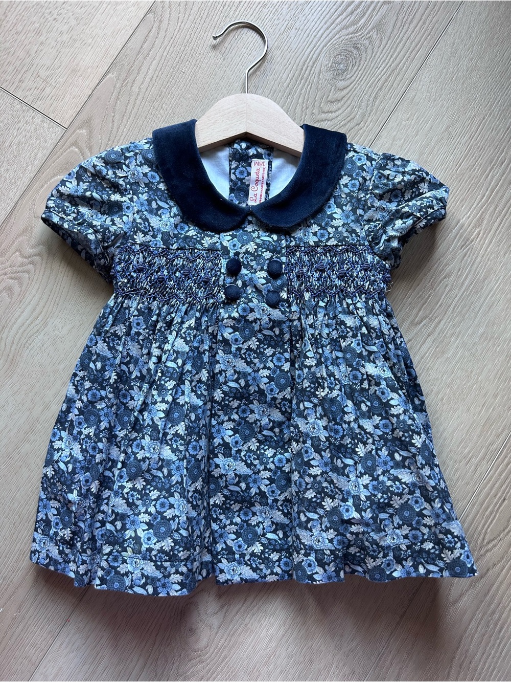 Navy Floral Smocked Baby Top with Peter Pan Collar